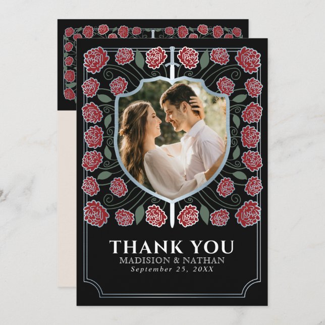 Silver Sword Shield Medieval Fantasy Wedding Thank You Card (Front/Back)