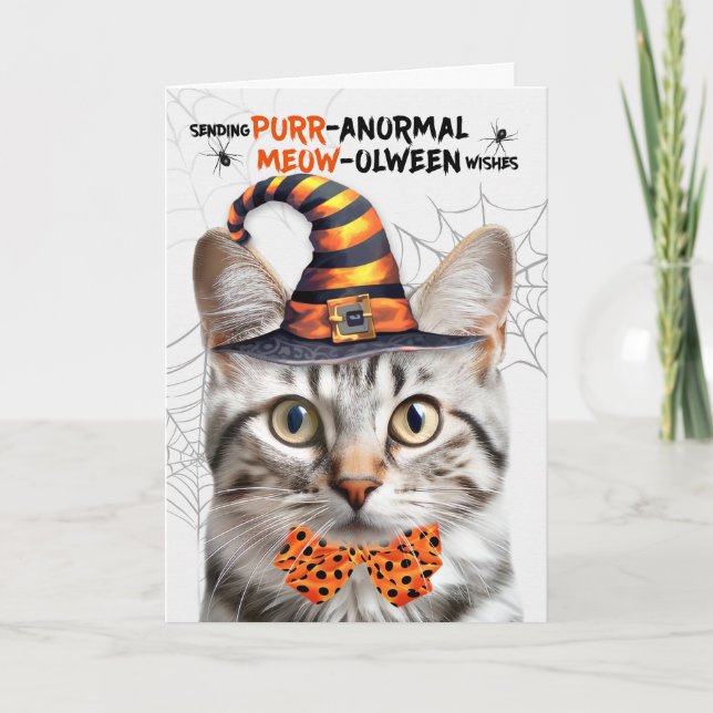 Silver Tabby Cat PURRanormal MEOWolween Holiday Card (Front)