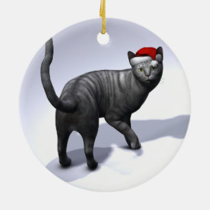 Silver Tabby Cat Santa Ceramic Ornament