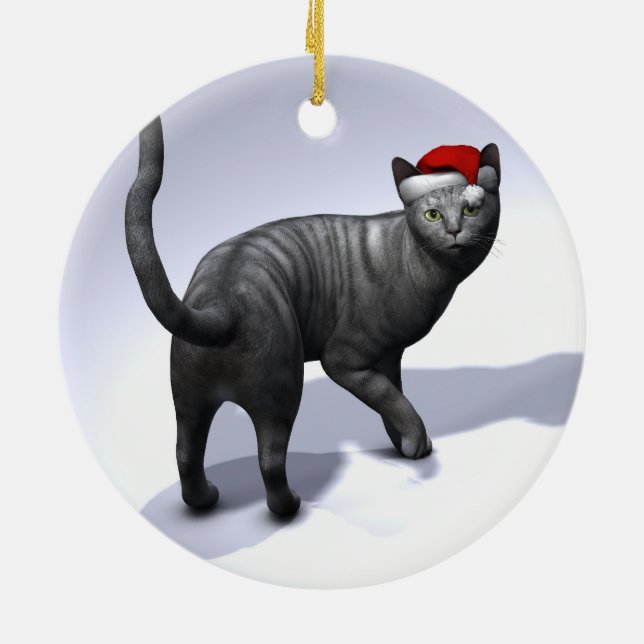 Silver Tabby Cat Santa Ceramic Ornament (Back)