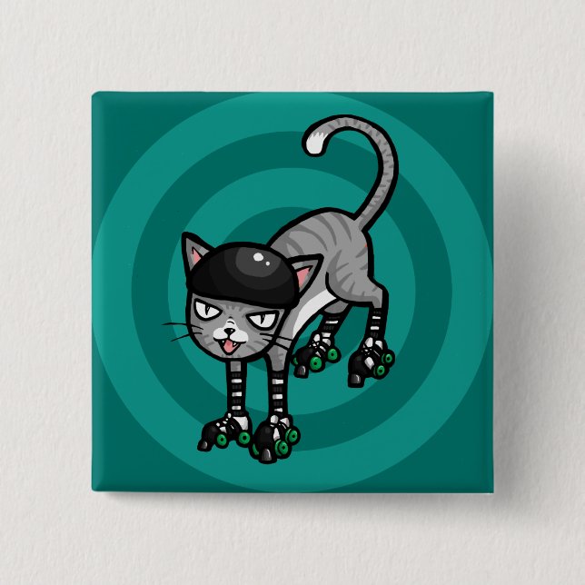Silver Tabby on RollerSkates 2 Inch Square Button (Front)