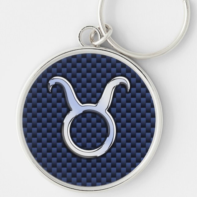 Silver Taurus Zodiac Sign Blue Carbon Fibre Print Keychain (Front)