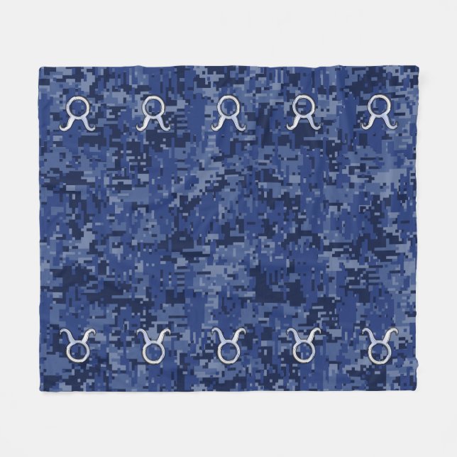 Silver Taurus Zodiac Sign Navy Blue Digital Camo Fleece Blanket (Front (Horizontal))
