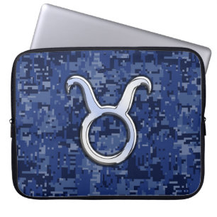 Silver Taurus Zodiac Sign Navy Blue Digital Camo Laptop Sleeve