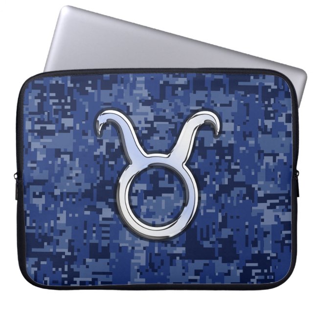 Silver Taurus Zodiac Sign Navy Blue Digital Camo Laptop Sleeve (Front)