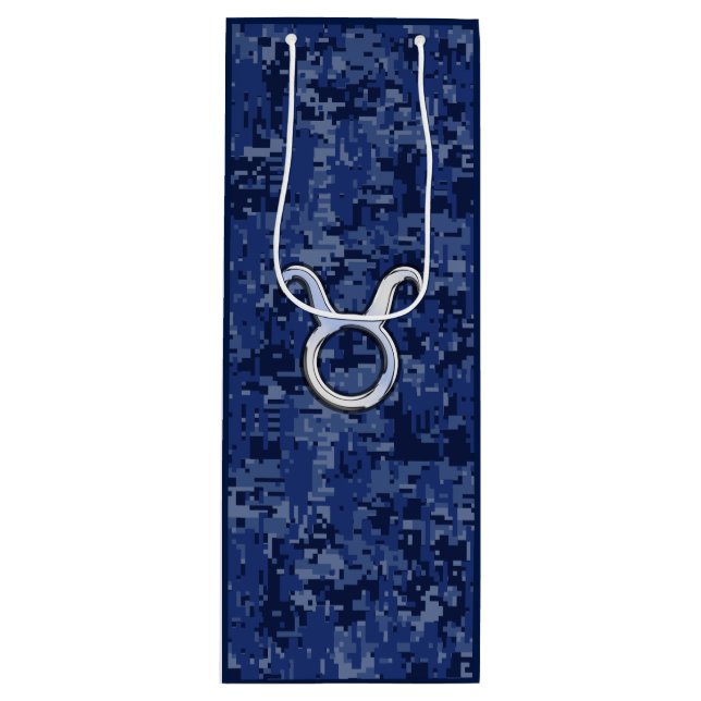 Silver Taurus Zodiac Sign Navy Blue Digital Camo Wine Gift Bag (Front)