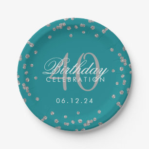 Silver Teal 40th Birthday Glitter Confetti Paper Plate