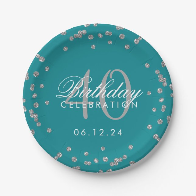 Silver Teal 40th Birthday Glitter Confetti Paper Plate (Front)