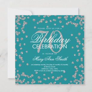 Silver Teal 70th Birthday Elegant Glitter Confetti Invitation
