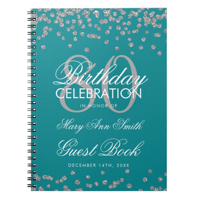 Silver Teal 80th Birthday Guest Book Confetti (Front)