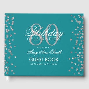 Silver Teal 80th Birthday Party Glitter Confetti Guest Book