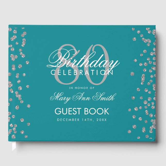 Silver Teal 80th Birthday Party Glitter Confetti Guest Book (Front)