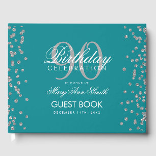 Silver Teal 90th Birthday Glitter Confetti Guest Book