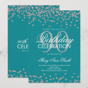 Silver Teal 90th Birthday Glitter Confetti Invitation