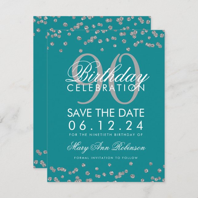 Silver Teal 90th Birthday Save Date Confetti Invitation (Front/Back)