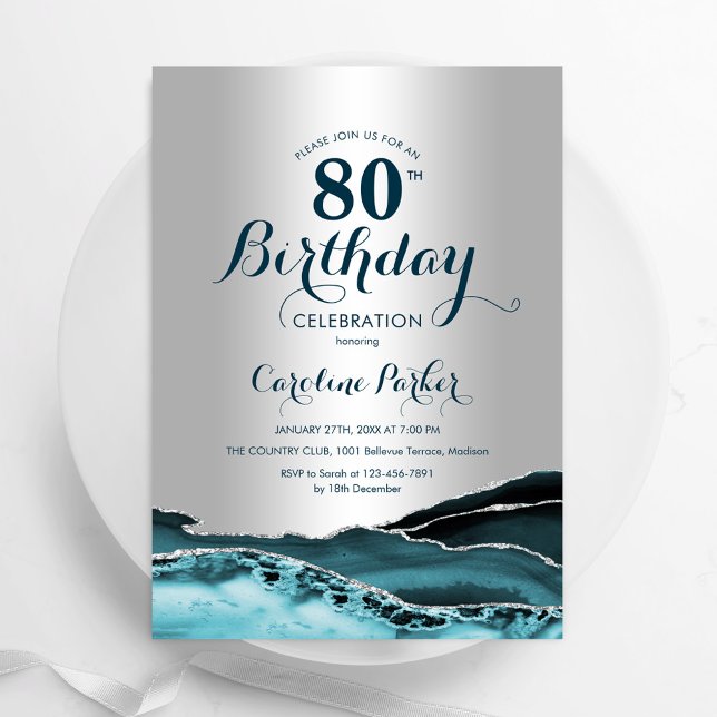 Silver Teal Agate 80th Birthday Invitation (Creator Uploaded)
