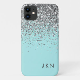 Silver Teal Aqua Blue Girly Glitter Monogram iPhone 11 Case