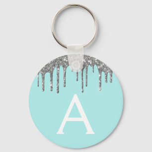 Silver Teal Aqua Blue Sparkly Glitter Monogram Keychain
