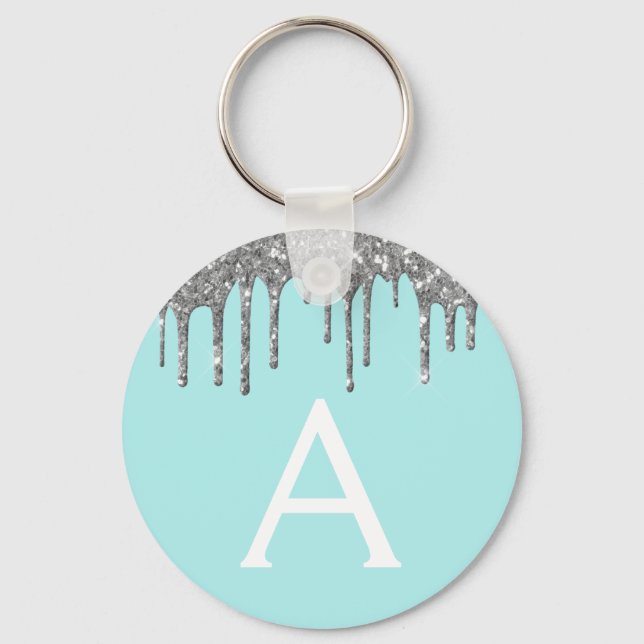 Silver Teal Aqua Blue Sparkly Glitter Monogram Keychain (Front)