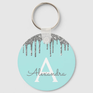Silver Teal Aqua Blue Sparkly Glitter Monogram Keychain