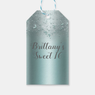 Silver Teal Aqua Flutter Butterfly Sweet 16 Party Gift Tags