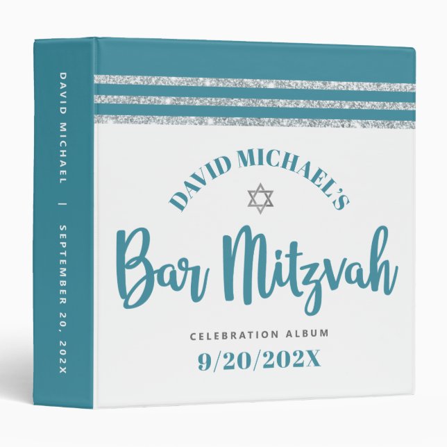 Silver Teal Bar Mitzvah Tallit Script Keepsake Binder (Front/Spine)