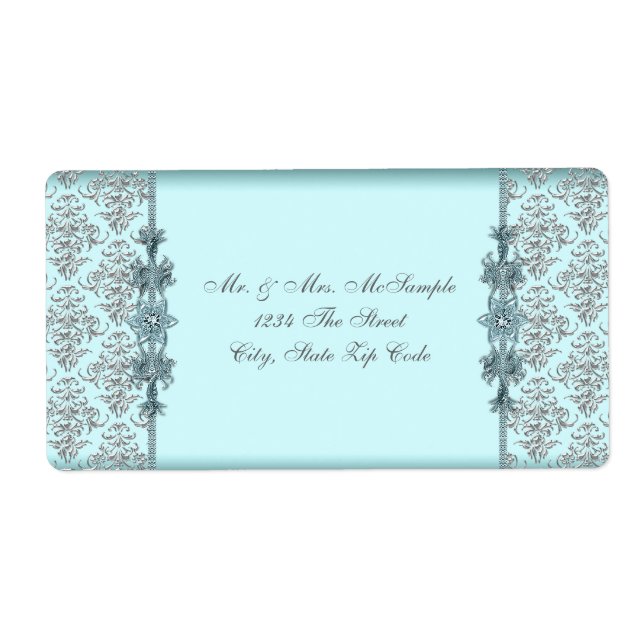 Silver Teal Blue Damask Address Labels (Front)