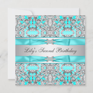 Silver Teal Blue Girls Birthday Party Invitation