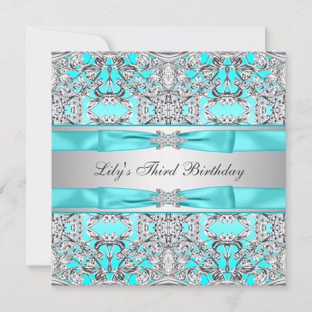 Silver Teal Blue Girls Birthday Party Invitation (Front)