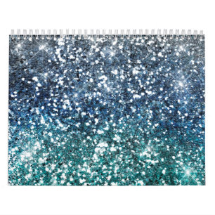 Silver Teal Blue Glitter Look Calendar
