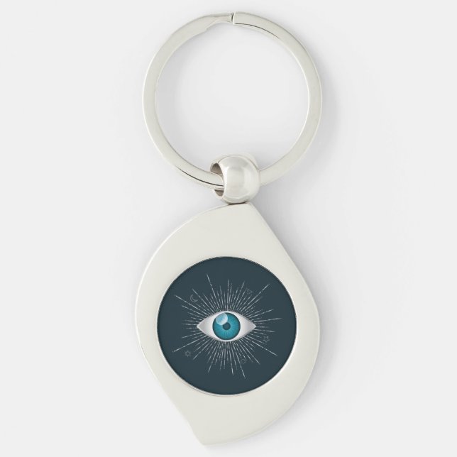 Silver & Teal Blue Mystic Aqua Evil Eye Nazar Mati Keychain (Front)