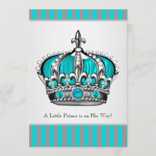 Silver Teal Blue Prince Baby Shower Invitation