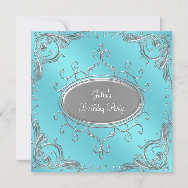 Silver Teal Blue Womans Birthday Party Invitation (Front)