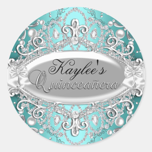 Silver & Teal Damask Pearl Quinceanera Sticker (Front)