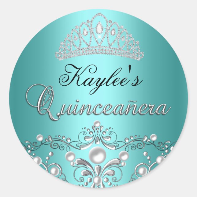 Silver & Teal Damask Pearl Quinceanera Sticker (Front)