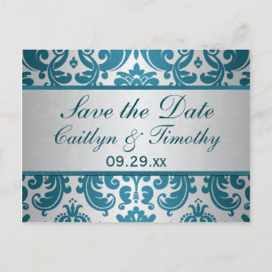 Silver, Teal Damask Save the Date Card