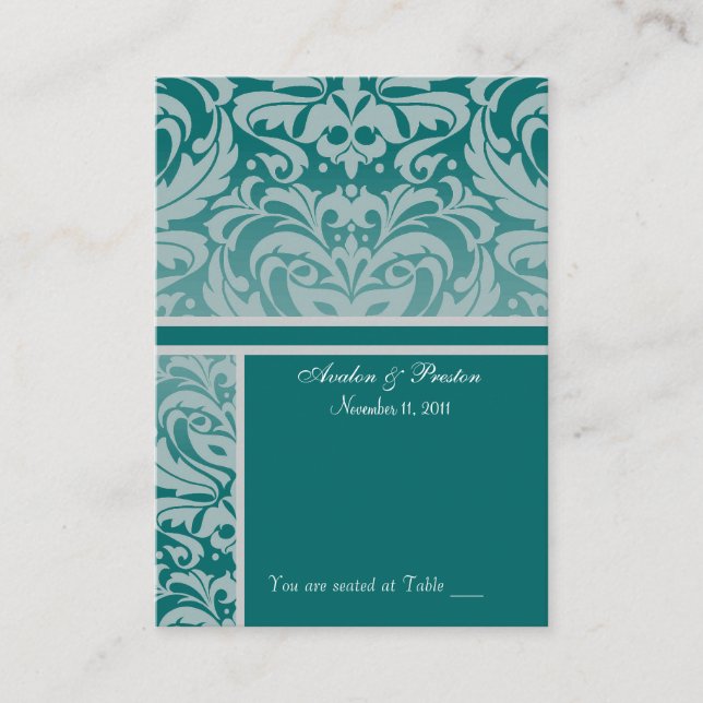 Silver & Teal Damask Table Placecard Business Card (Front)