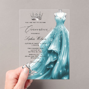 Silver Teal  Dress Princess Quinceañera  Acrylic Invitations