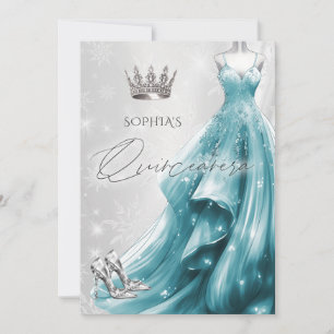 Silver Teal  Dress Winter Snowflakes Quinceañera  Invitation
