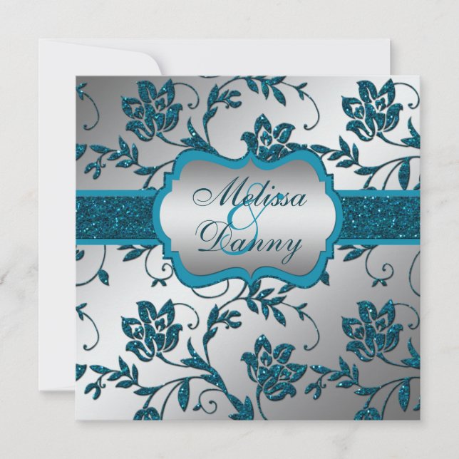 Silver Teal FAUX Glitter Floral Engagement Party Invitation (Front)