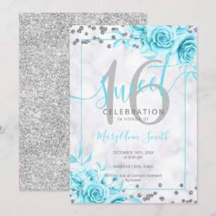Silver Teal Floral Sweet 16 Marble Glitter   Invitation