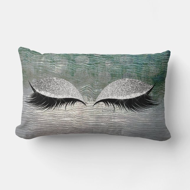 Silver Teal Glitter Black Glam Make Up Grey Lumbar Pillow (Front)
