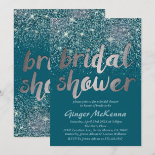 Silver & Teal Glitter Bridal Shower Invitations