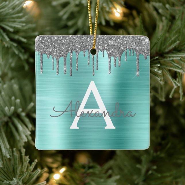 Silver Teal Glitter Brushed Metal Monogram Name Ceramic Ornament (Tree)