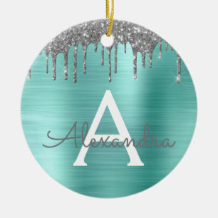 Silver Teal Glitter Brushed Metal Monogram Name Ceramic Ornament