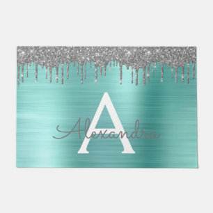 Silver Teal Glitter Brushed Metal Monogram Name Doormat