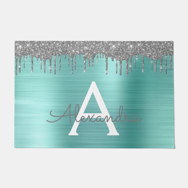 Silver Teal Glitter Brushed Metal Monogram Name Doormat (Front)