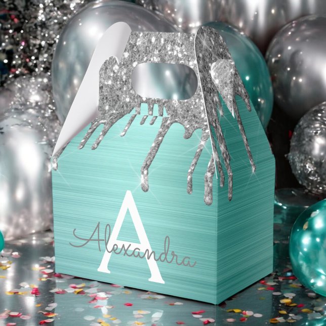 Silver Teal Glitter Brushed Metal Monogram Name Favor Box (Creator Uploaded)