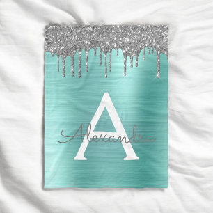 Silver Teal Glitter Brushed Metal Monogram Name Fleece Blanket