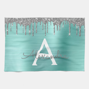 Silver Teal Glitter Brushed Metal Monogram Name Kitchen Towel